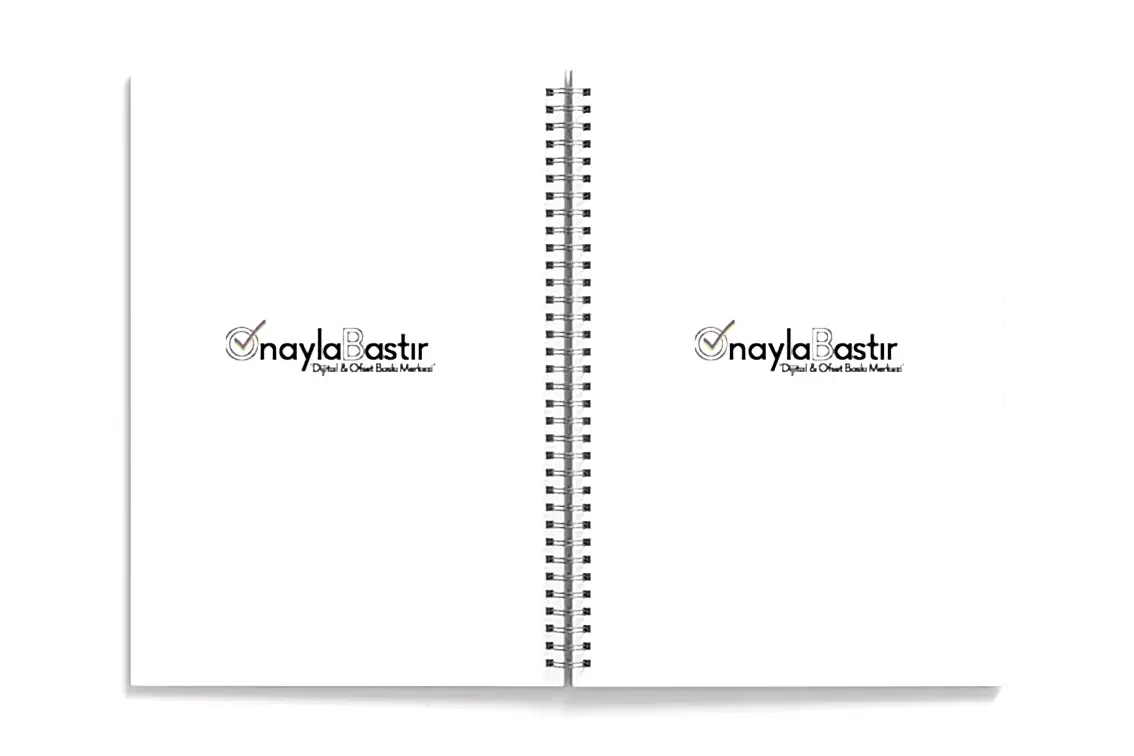 Çok adetli kuşe metal spiralli defter, özel baskı teknolojisiyle üretilir. Firma logolu defterler, büyük siparişlerde ekonomik fiyatlarla.