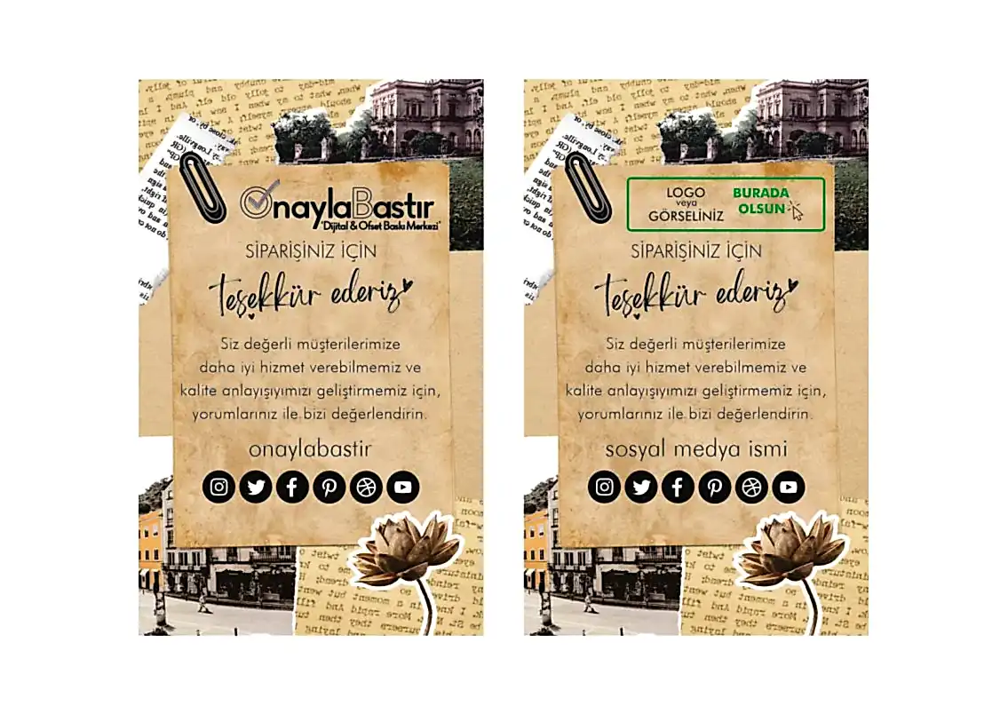 Ekolojik malzemelerden üretilen kraft kargo teşekkür kartı, çevre dostu ve sürdürülebilir bir seçenek. Şık ve doğa dostu tasarım.

