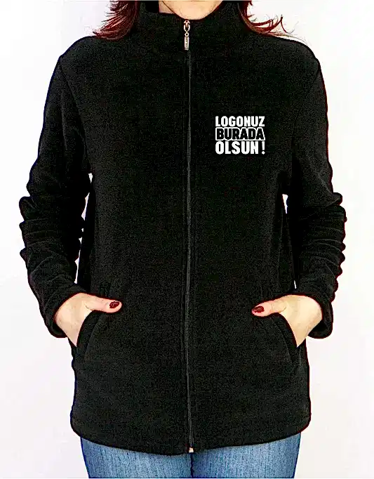 Nakış Baskılı Fermuarlı Polar - Siyah