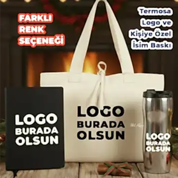 Yılbaşı Ofis Hediye Seti – Logolu Termos, Kanvas Defter &  Bez Çanta