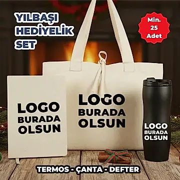 Yılbaşı Ofis Hediye Seti – Logolu Termos, Kanvas Defter &  Bez Çanta