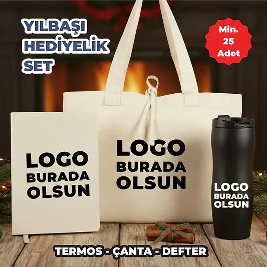 Yılbaşı Ofis Hediye Seti – Logolu Termos, Kanvas Defter &  Bez Çanta
